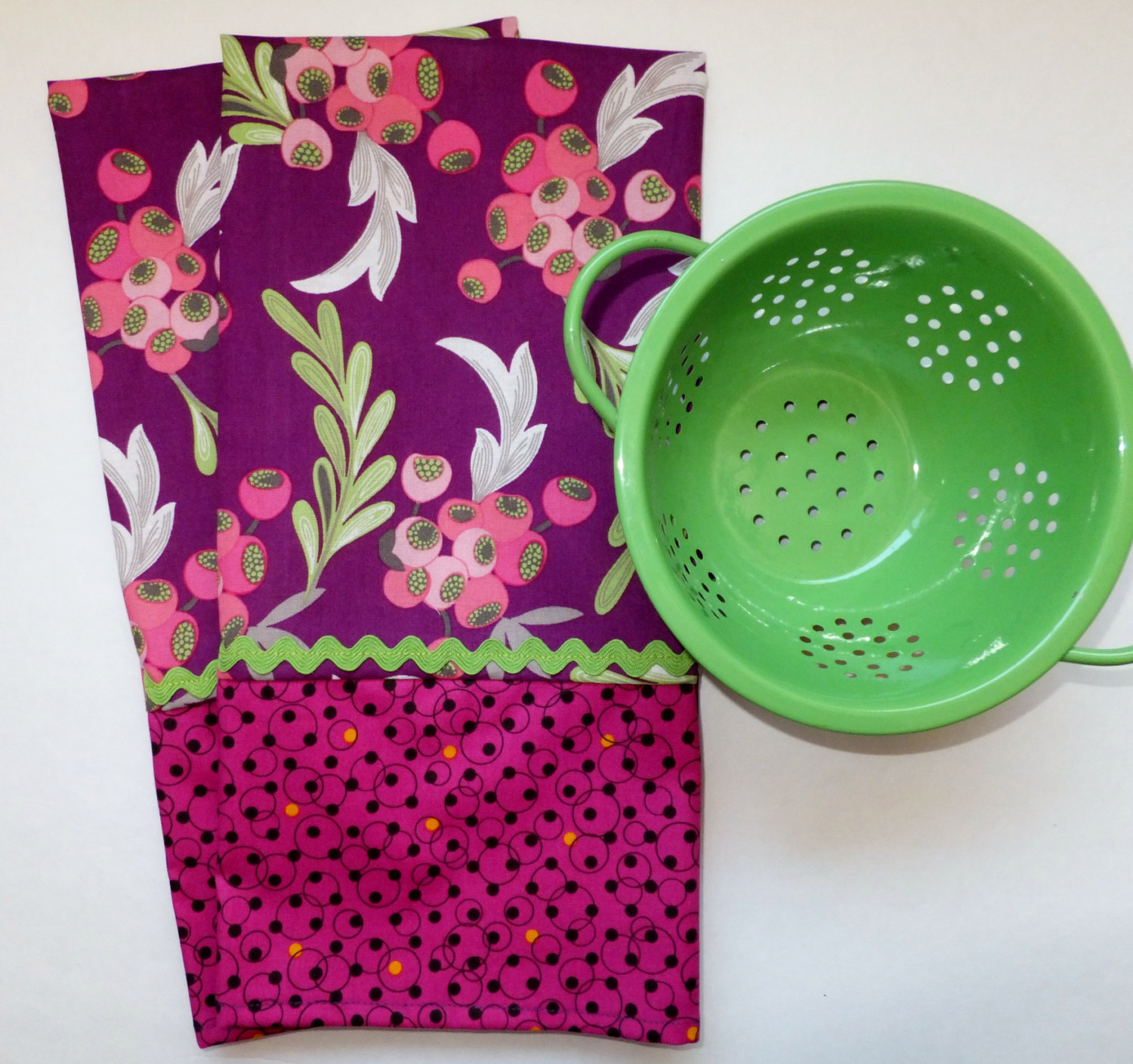 Purple Berry and Hot Pink Dish Towel Set with Green Rick Rack