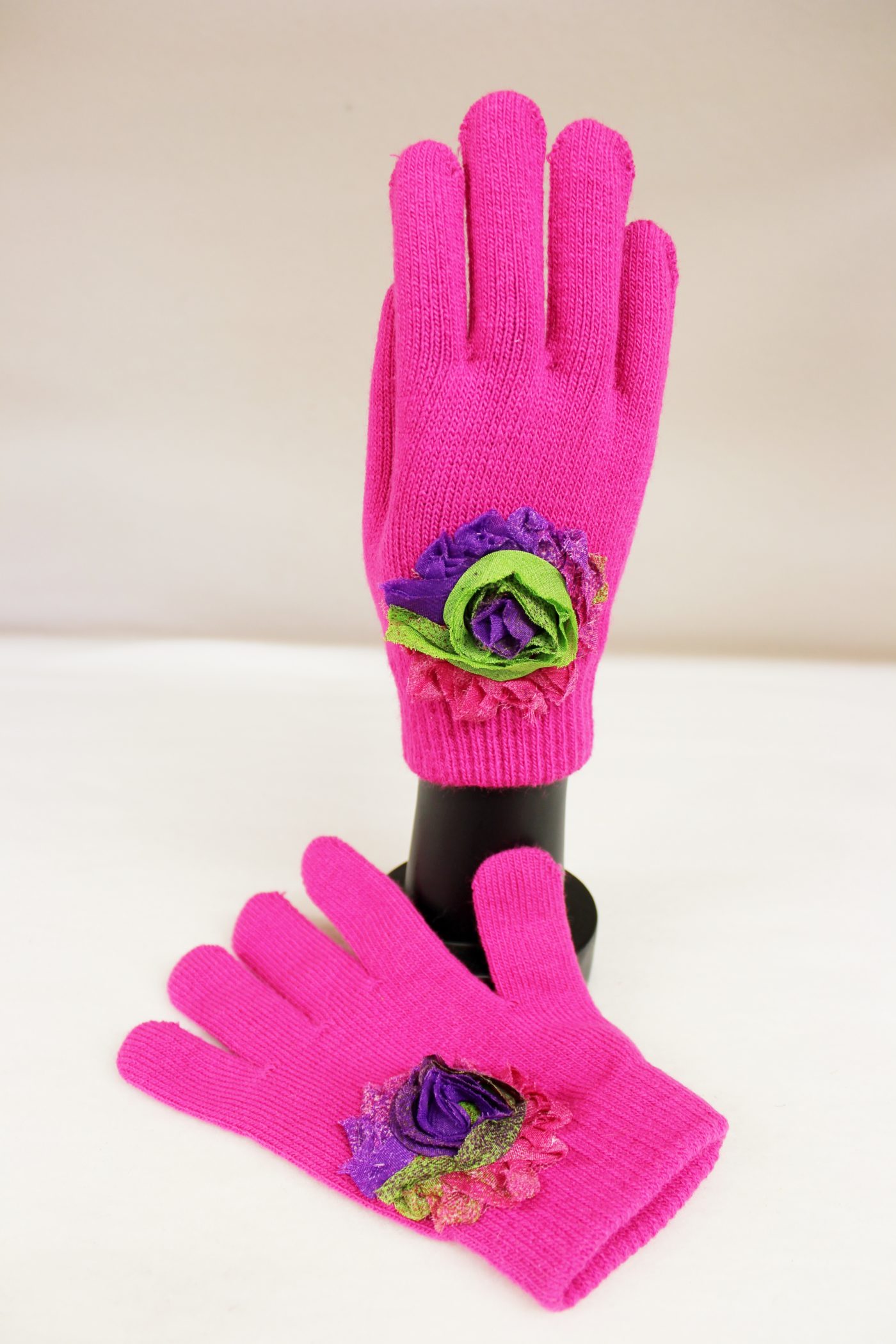 Hot Pink One Size Fits All Winter Gloves with Chiffon Flowers - Image 8