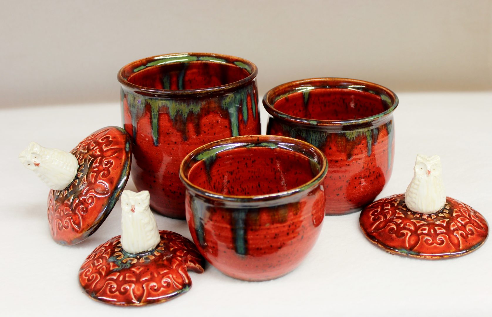 White Snow Owl Canister Set On Wild Elemental Red Fire Glaze Wild   IMG 4701 1676x1080 