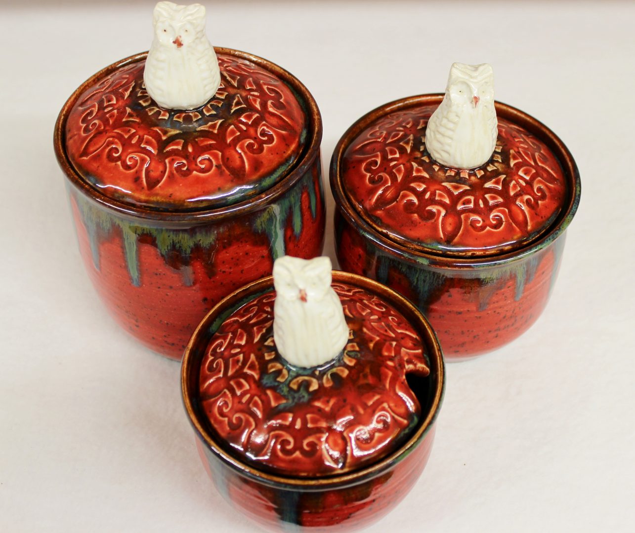 White Snow Owl Canister Set On Wild Elemental Red Fire Glaze Wild   IMG 4702 1285x1080 