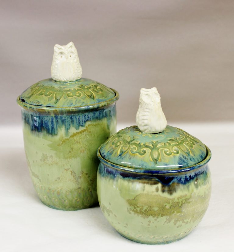 Soft Green Crystalline Winter Snow Owl Canister Set Wild Crow Farm   IMG 4820 768x827 