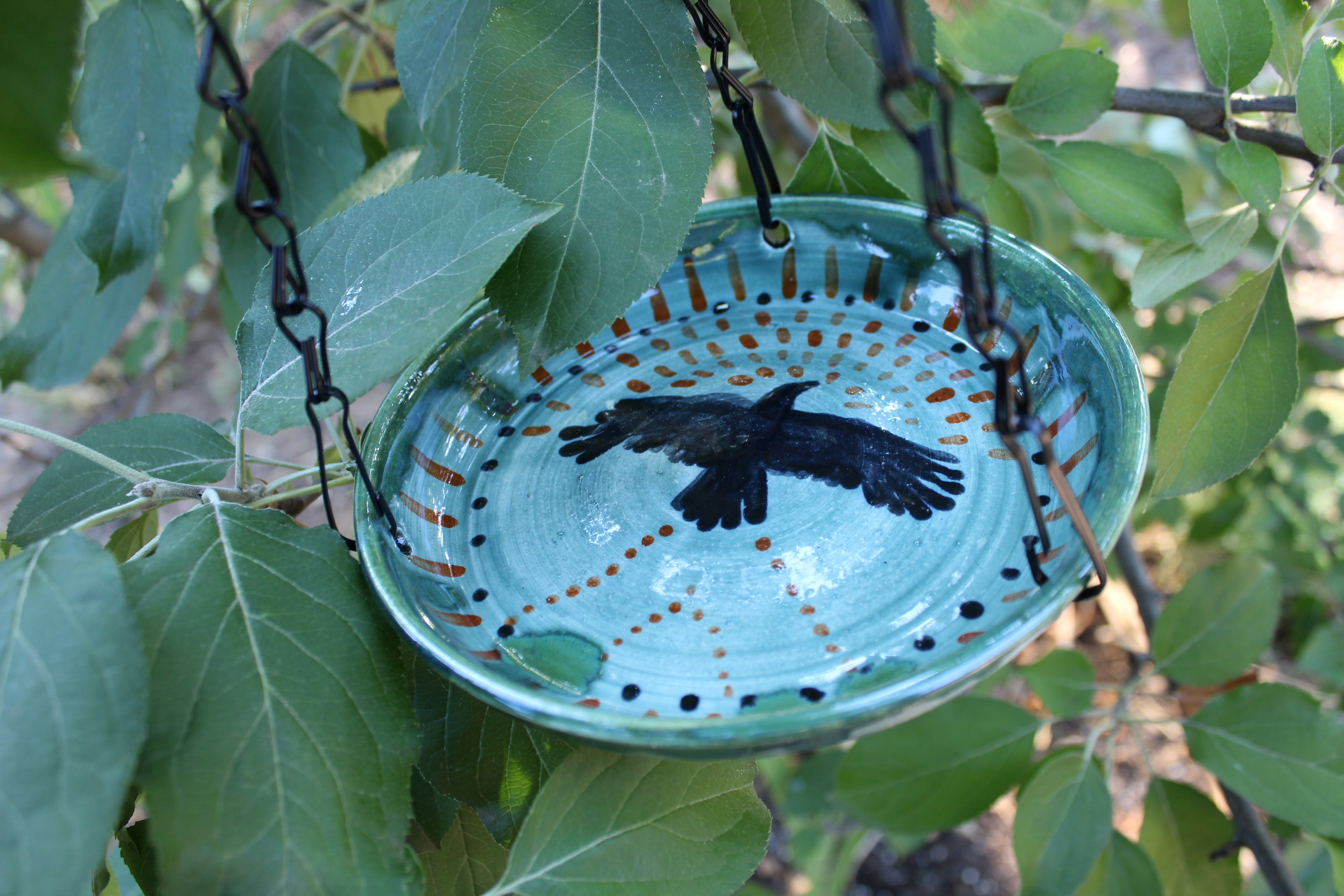 Rising Black Hawk Hanging Ceramic Bird Feeder Wild Crow Farm