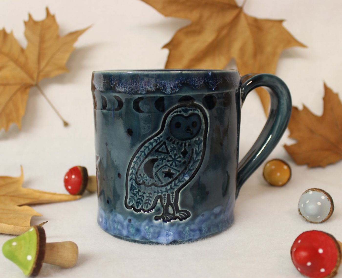 Scandinavian Snow Owl with Moon Phases Large Ceramic Mug