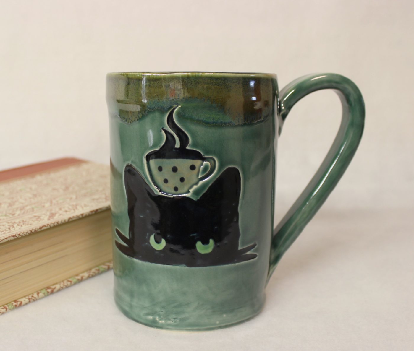 Green Eyed Cat with Coffee Cup Ceramic Stoneware Mug