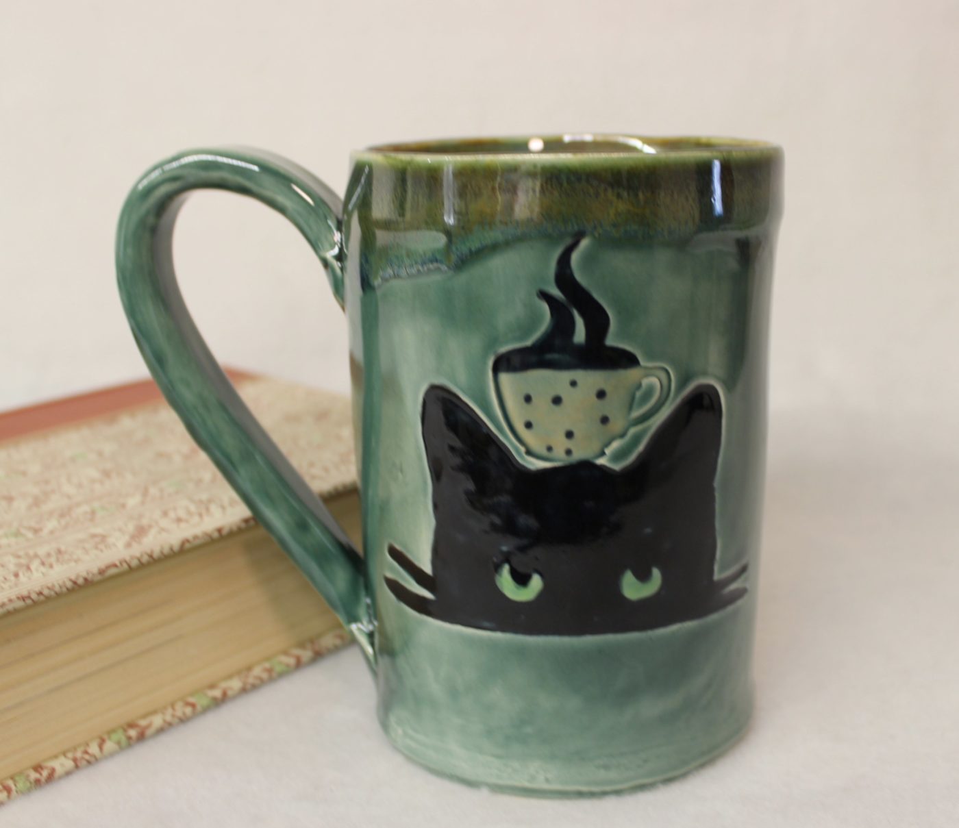 Green Eyed Cat with Coffee Cup Ceramic Stoneware Mug - Image 2