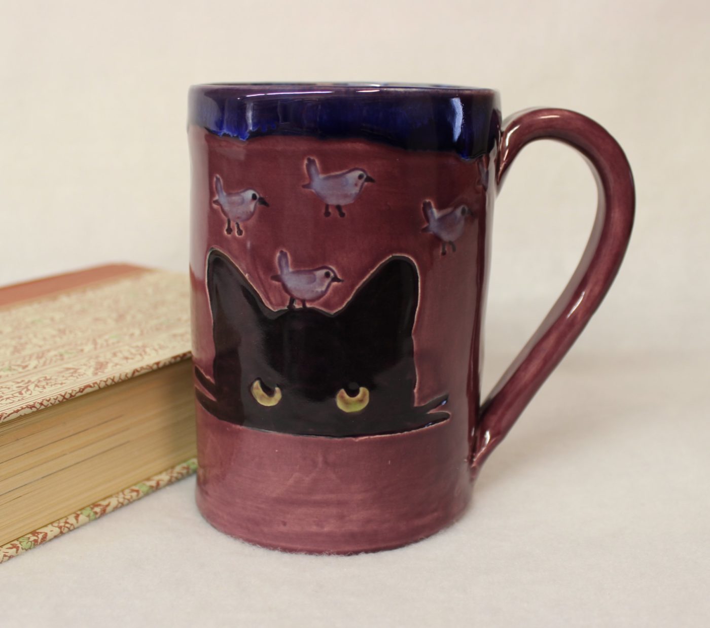 Green Eyed Cat with Blue Birds Ceramic Stoneware Mug