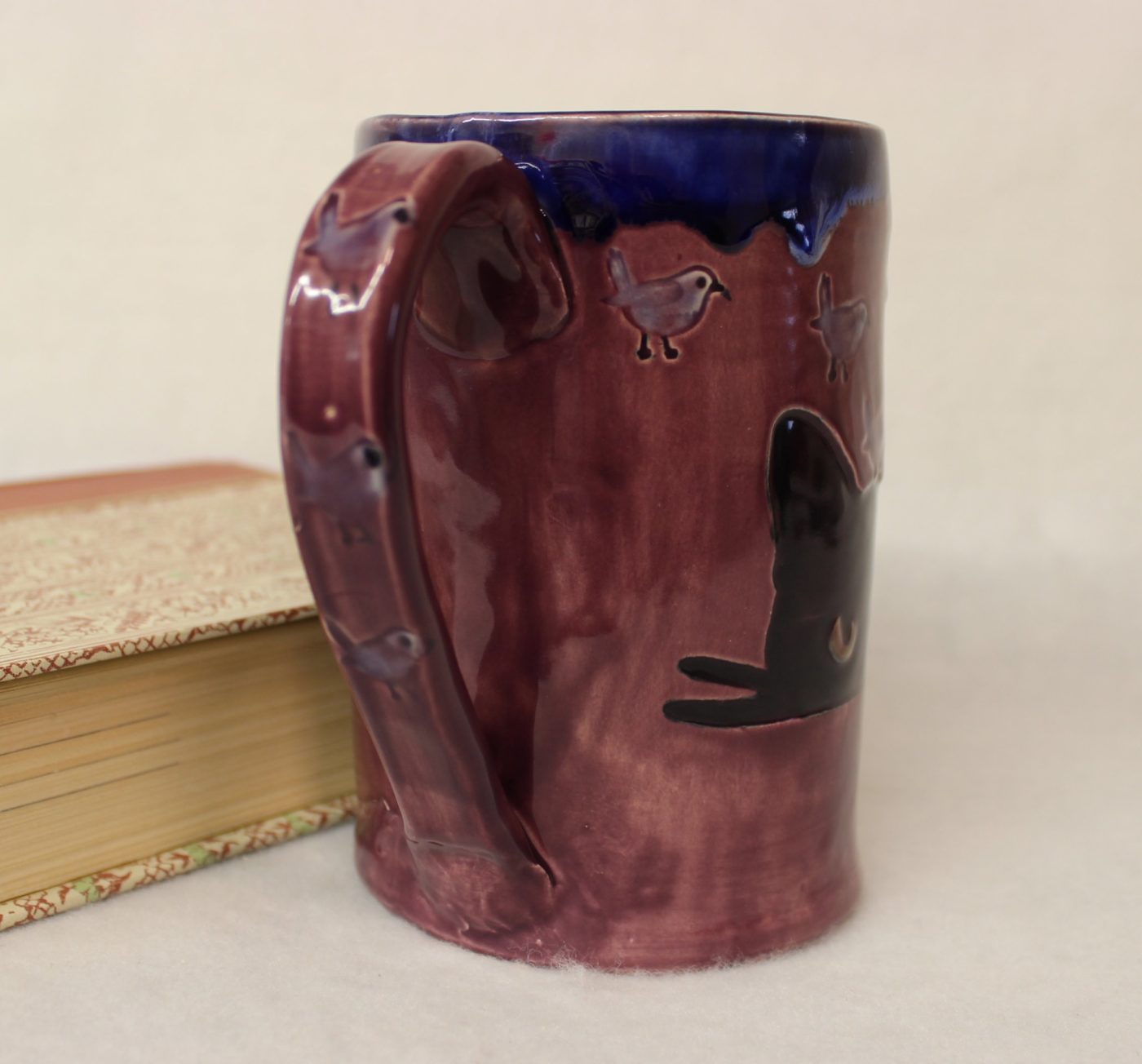 Green Eyed Cat with Blue Birds Ceramic Stoneware Mug - Image 4