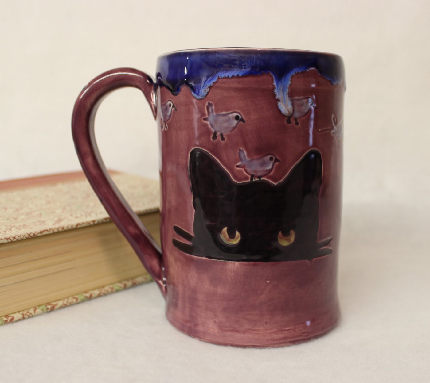 Green Eyed Cat with Blue Birds Ceramic Stoneware Mug - Image 2