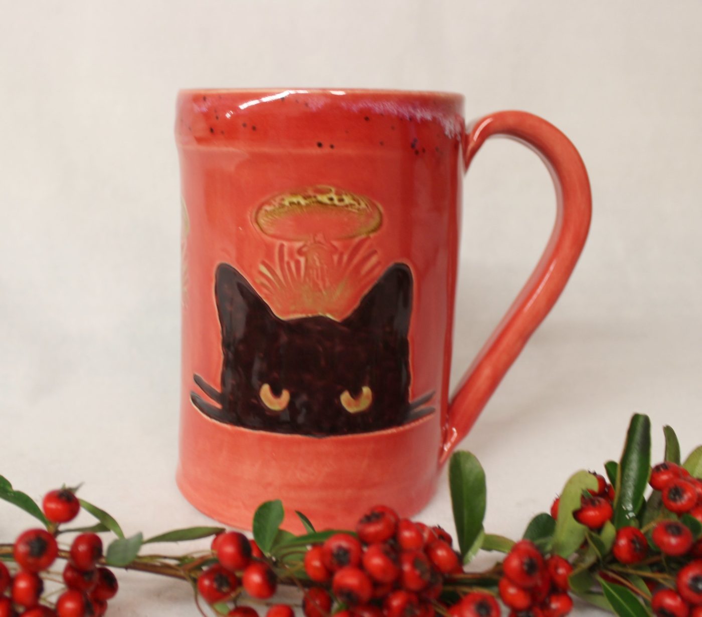 Atomic Mushroom Green Eyed Cat Ceramic Mug - Image 2