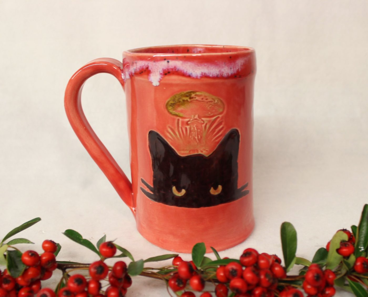 Atomic Mushroom Green Eyed Cat Ceramic Mug