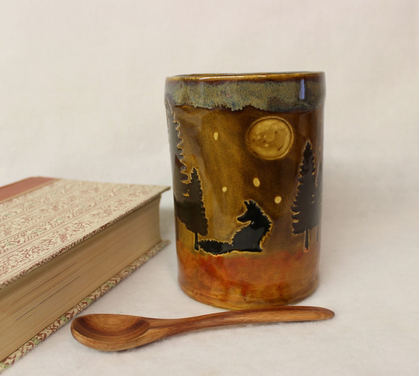 Lone Baby Wolf with Full Moon Ceramic Stoneware Coffee Mug - Image 3