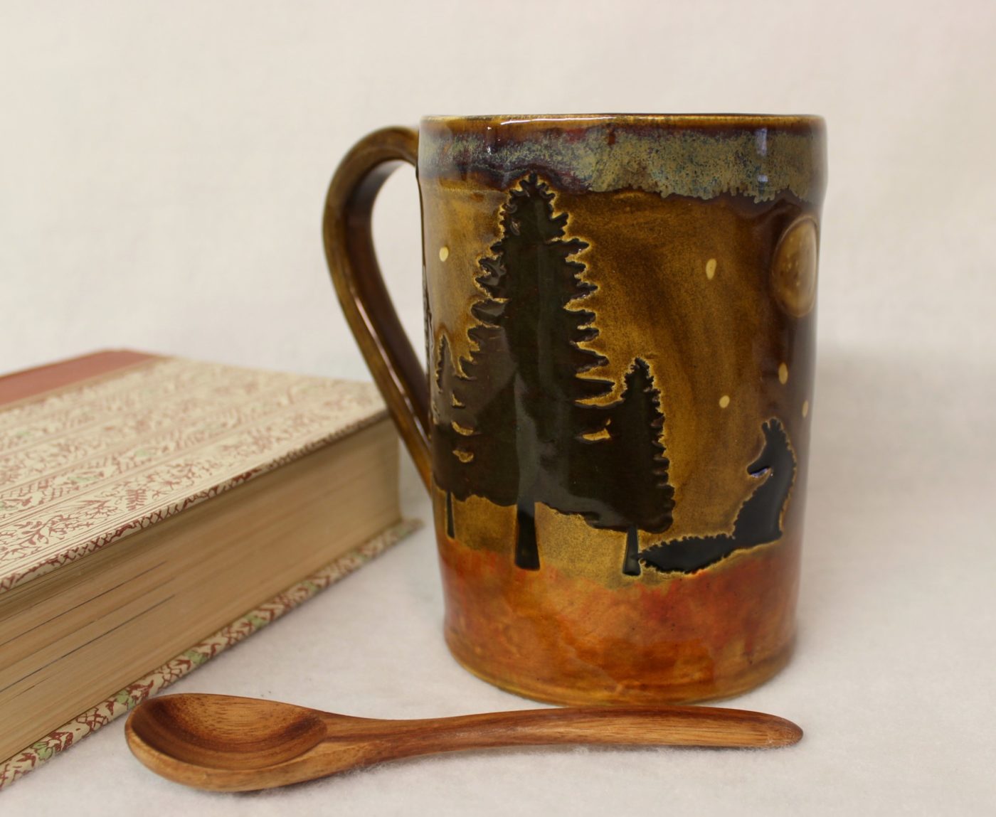 Lone Baby Wolf with Full Moon Ceramic Stoneware Coffee Mug