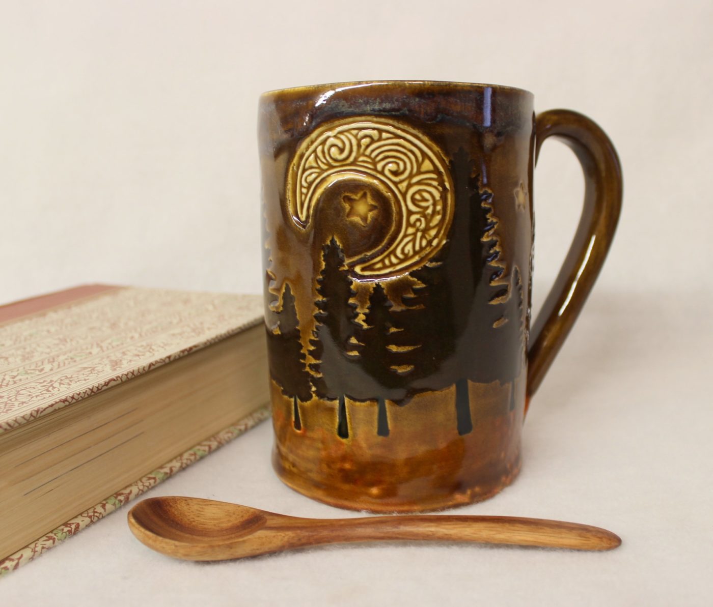 Deep Pine Forest with Celtic Moon and Stars Ceramic Mug - Image 2