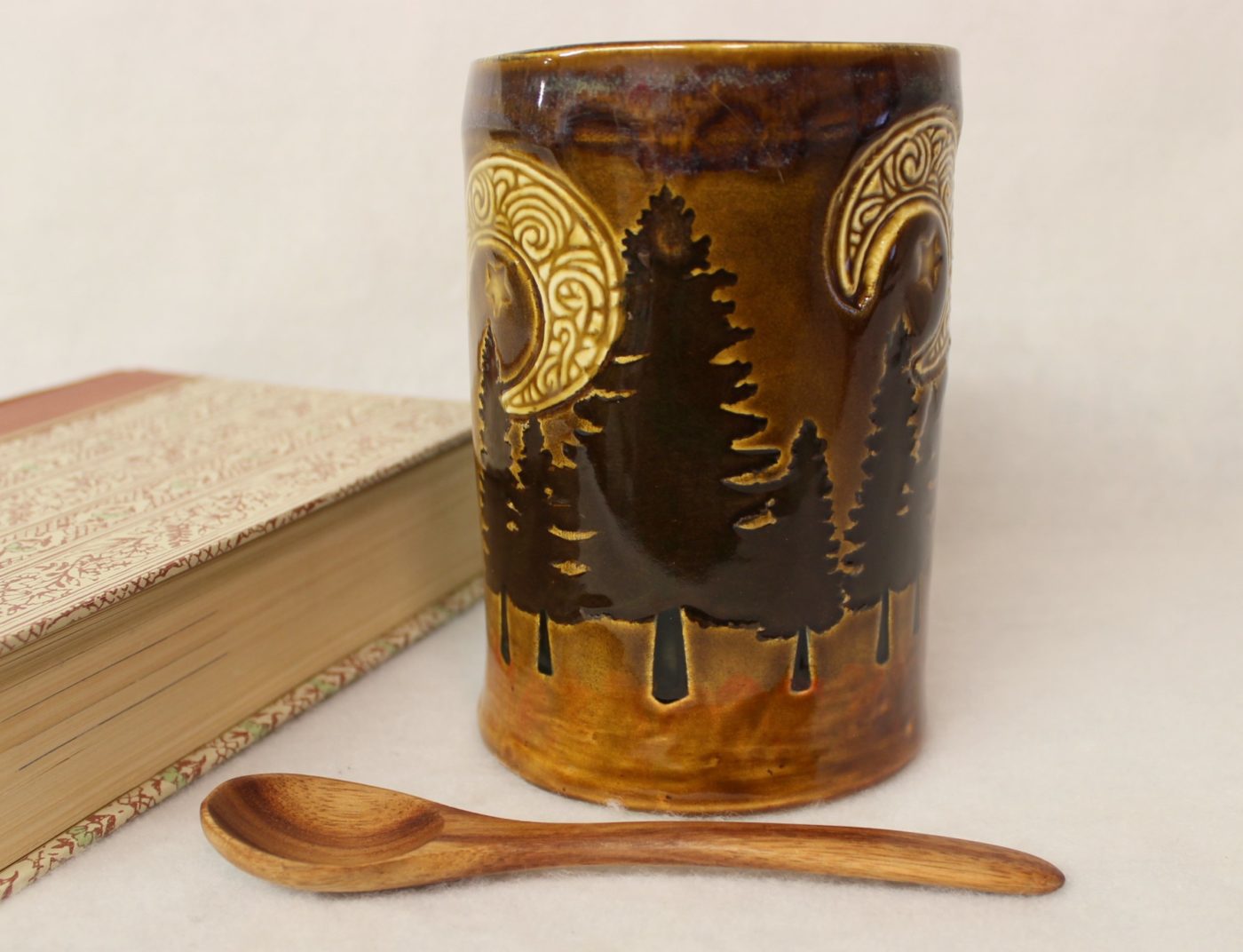 Deep Pine Forest with Celtic Moon and Stars Ceramic Mug - Image 3