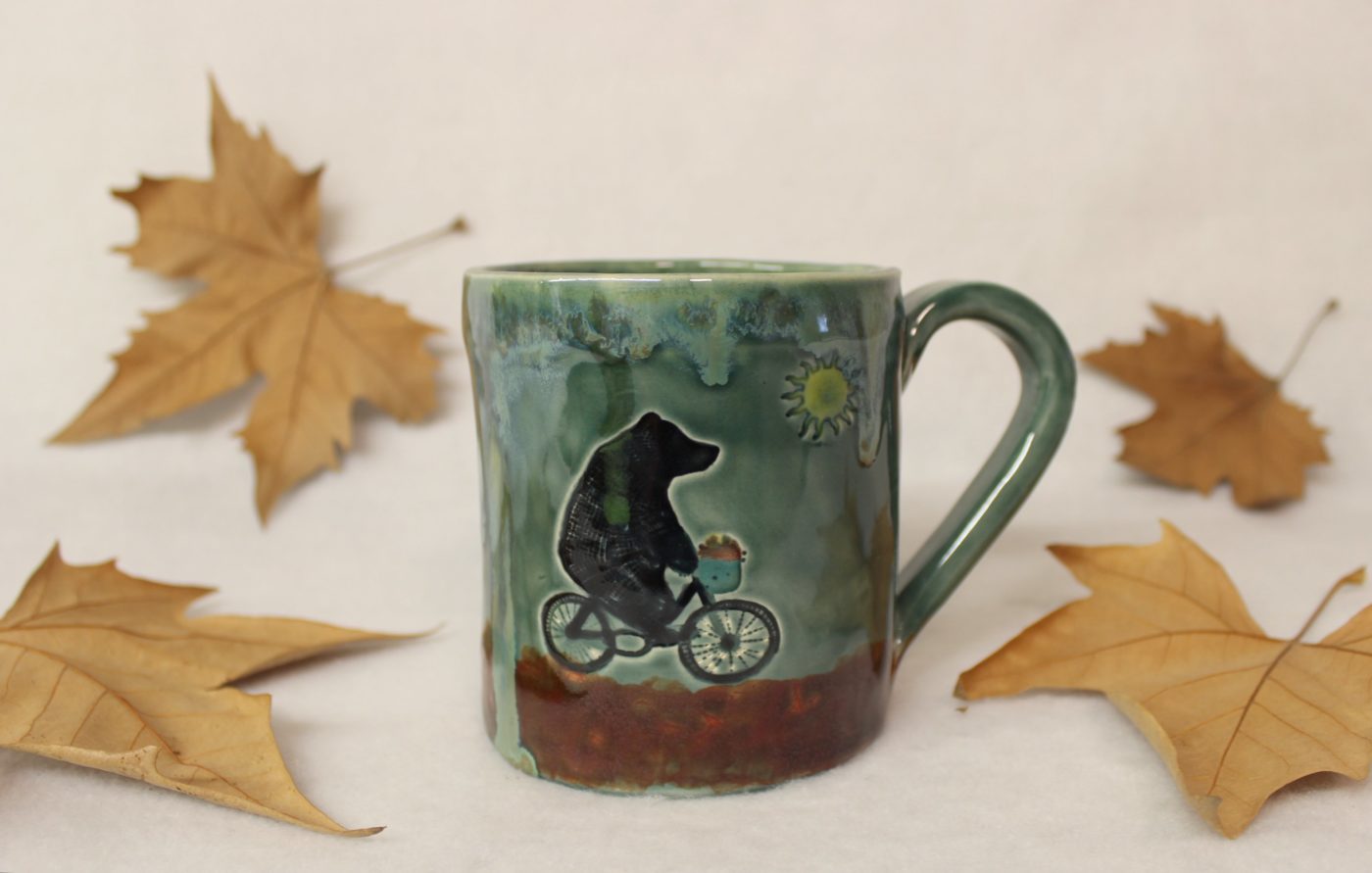 Black Bear on a Bike in Spring Large Ceramic Coffee Mug