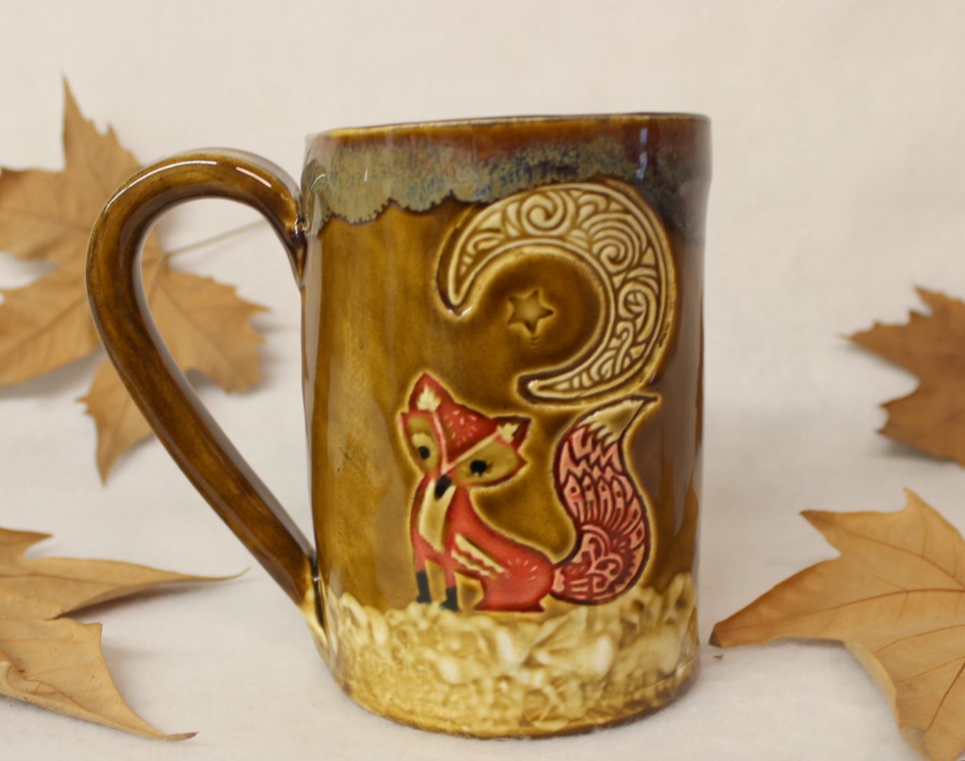 Snowy Fancy Fox Under a Celtic Moon Extra Large Coffee Mug - Image 2